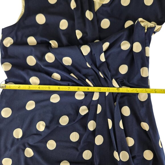 Eliza J Polka Dot Jersey Faux Wrap Dress Size 8 Fully Lined Belt Navy Blue Cream - Picture 11 of 11